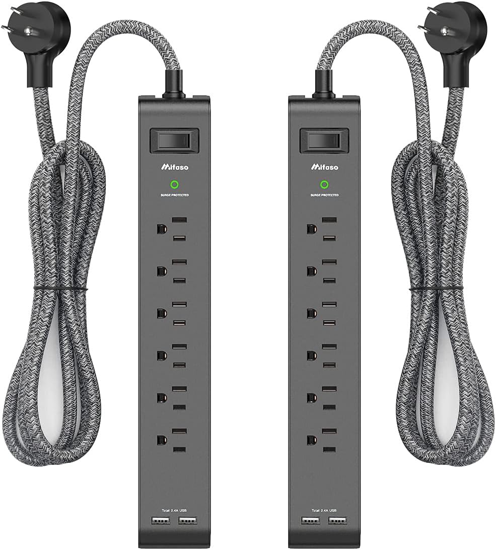 12FT Long Power Strip Surge Protector - with 6 Outlets 2 USB Ports, Heavy-Duty Braided Extension Cord, Flat Plug, 900 Joules, 15A Circuit Breaker, Wall Mount for Home Office (2 Pack)