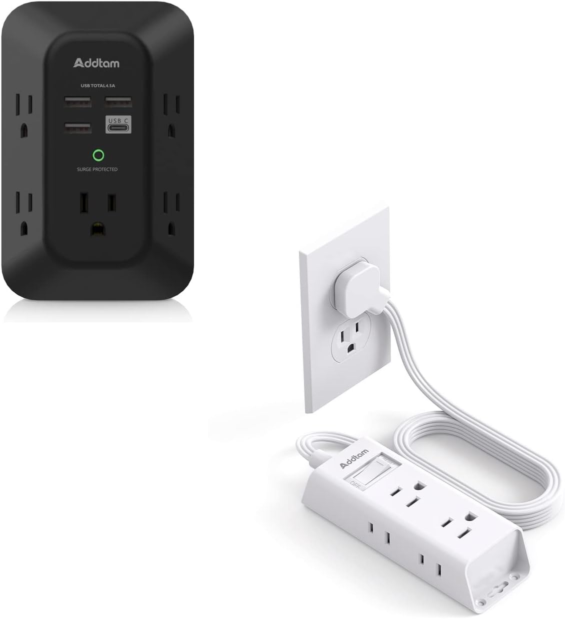 This has a very flat extention cord and flat plug. It fits up snuggly so furniture can be moved in tight. The plug itself creates a sleek outlet connection and the cable can run behind or under furniture without risk of damage. It is very safe in preventing cable damage. The diversity of plug options is amazing and having the extra USB C and USB outlet on the plug itself is extra convenient. The plug also can act as an outlet cover for the second outlet. This is great safty for kids without the Hassel of outlet covers that need to be removed individually and awkwardly. This is an all in one solution that works in most situations. I have one in my small apartment behind a bookshelf. I have a USBC charger cable plugged directly into the outlet to charge a mini vacuum on one side of the shelf by the closet. I have a gaming chair on the other side and ran the extension cord part out to plug it in. This conveniently leaves me with extra outlet and USB plugs on that side for my headset, phone and other devices while I game. It is very subtle and does not stand out in my small living room. I also gave one to my brother for his house since he has a daughter who is approaching the age of two. This cable works great for both our different living situations!