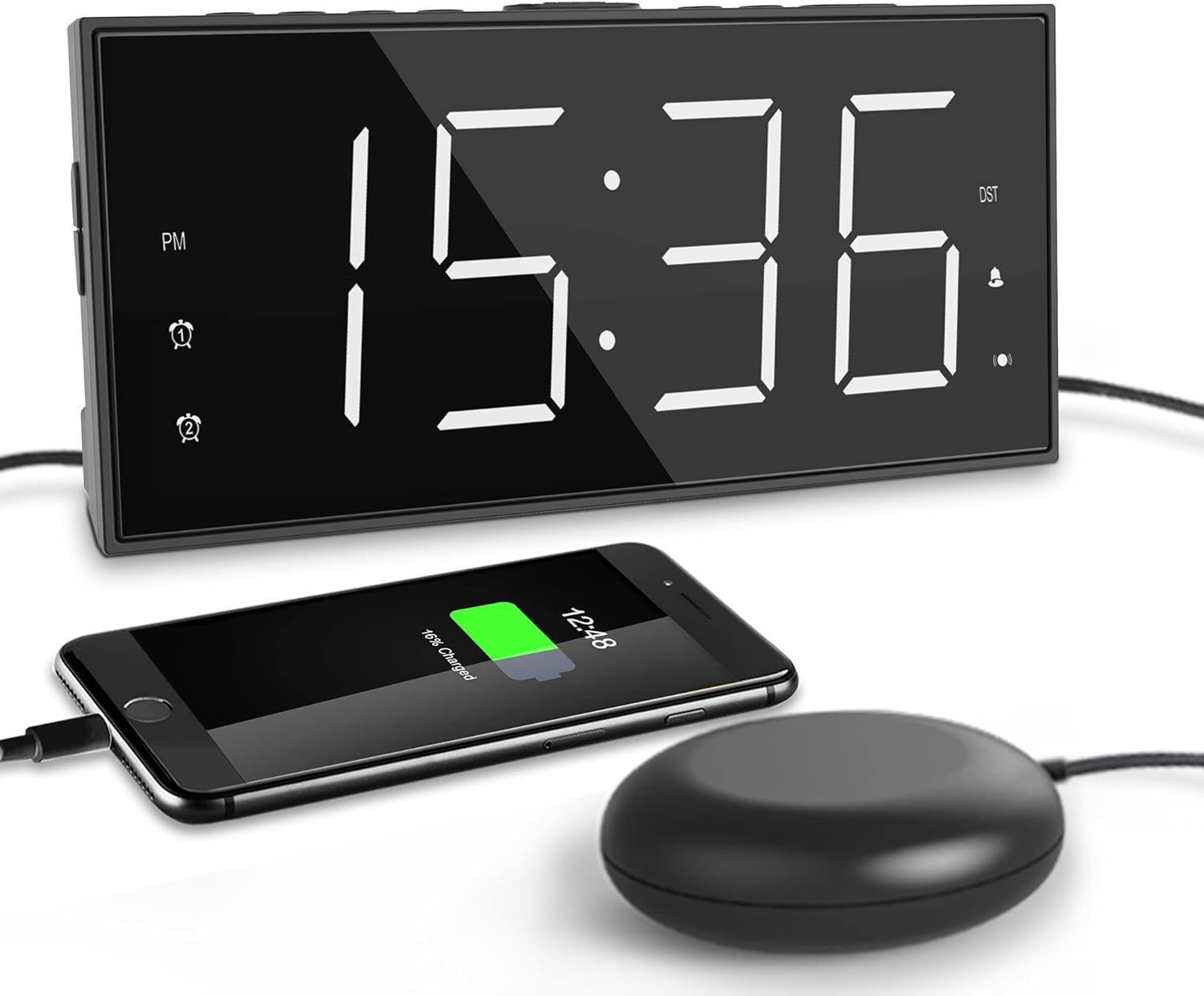 Super Loud Alarm Clock for Heavy Sleepers, Vibrating Alarm Clock for Hearing Impaired Deaf, Teens, Dual Alarm Clock with Bed shaker, Large Display Digital Clock with USB Port, Dimmer, Battery Backup