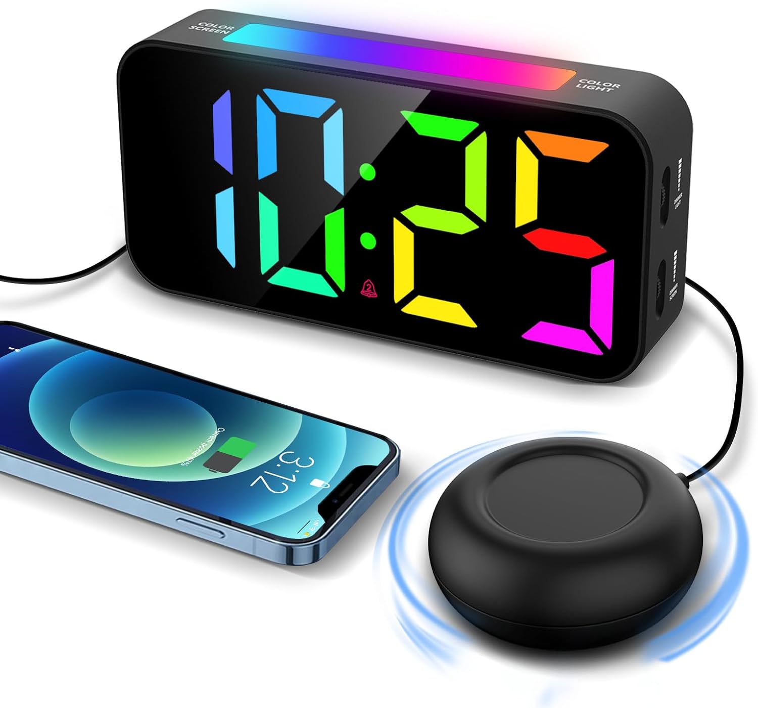 Alarm Clocks for Heavy Sleepers, Vibrating Alarm Clock with Bed Shaker, Night Light, Large Display, Dimmable Loud Clock for Adults Hearing Impaired Deaf Seniors Teens (RGB)