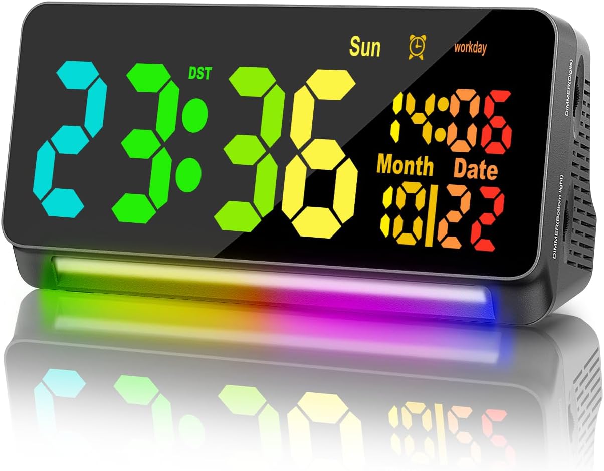 120db Super Loud Alarm Clocks for Bedrooms, 15 Wake Up Sounds Digital Alarm Clock For Heavy Sleepers adults , 7 Color Night Light, Dynamic RGB Color , 0-100% Dimmer, Snooze, DST , Large LED Display