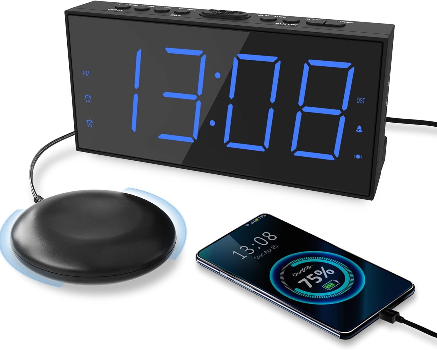 Super Loud Alarm Clock with Bed Shaker, Vibrating Alarm Clock for Heavy Sleepers Hearing Impaired Deaf Teens, Dual Clock with 7.5 Large Display, USB Charger, Dimmer, Snooze & Battery Backup