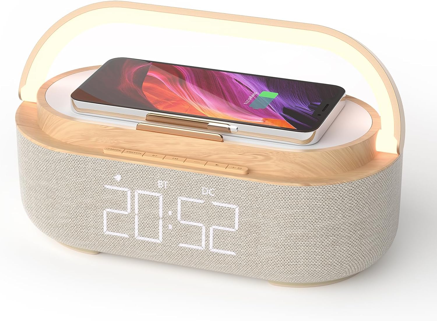 Digital Alarm Clock with Wireless Charger, Bluetooth Speaker, FM Radio, 1800mAh Battery Night Light, LED Alarm Clock for Bedroom