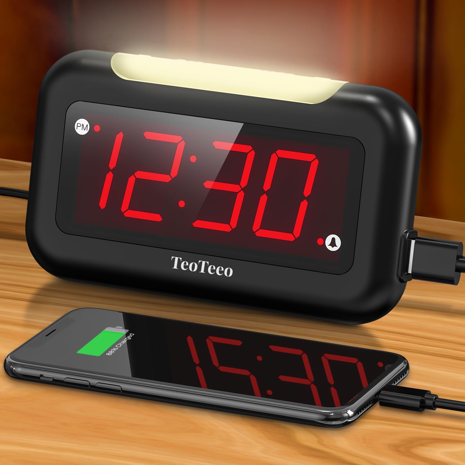 Alarm Clock with Red Digits,3 Level NightLight Alarm Clocks for Bedrooms,Plug in Digital Clock with USB Charging Port,Adjustable Volume,Dimmable,Snooze,Alarm Clock for Kids