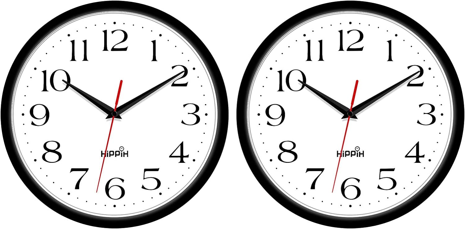 HIPPIH 2 Pack Silent Wall Clock, 10 Inch Non Ticking Quiet Digital Sweep Decorative Battery Operated Wall Clocks for Living Room Bedroom Kitchen School Office Decor, Black