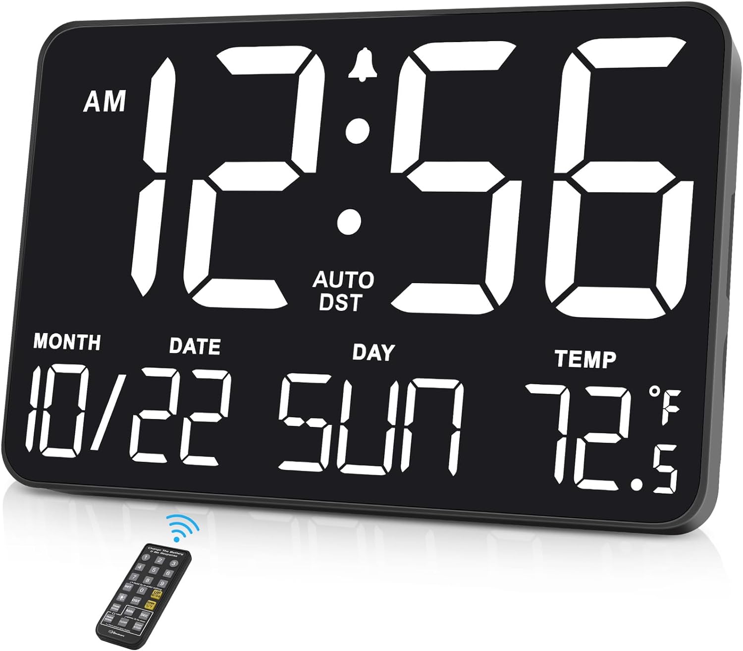 Large Display Digital Wall Clock with Date Day of Week and Temperature, Timer for Home Gym Workout, 6 Dimmer Auto DST Calendar Alarm Clock 12/24hr with Remote Gift for Senior(White)