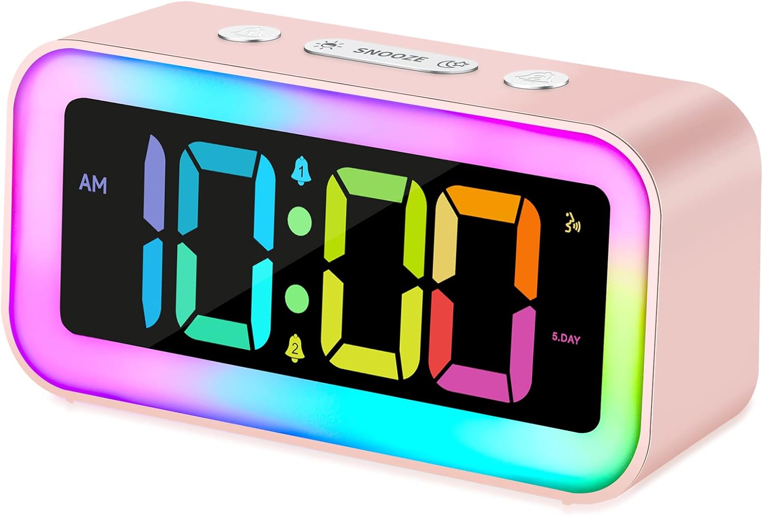 Cute Pink Loud Alarm Clock with RGB Night Light - Perfect for Girls Room Decor and Kawaii Gifts, Small Size for Bedside or Desk Lamp in Bedrooms, Ideal for Kids, Teens (Red A)