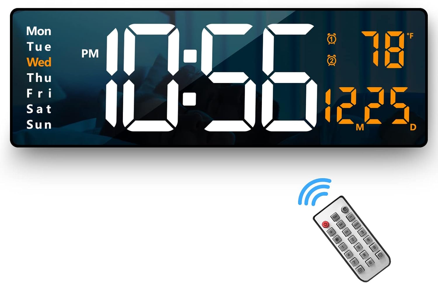 Digital Wall Clock Large Display, 16.2 Inch , LED Digital Clock with Remote Control for Living Room Decor, Automatic Brightness Dimmer with Date Week Temperature (Orange)