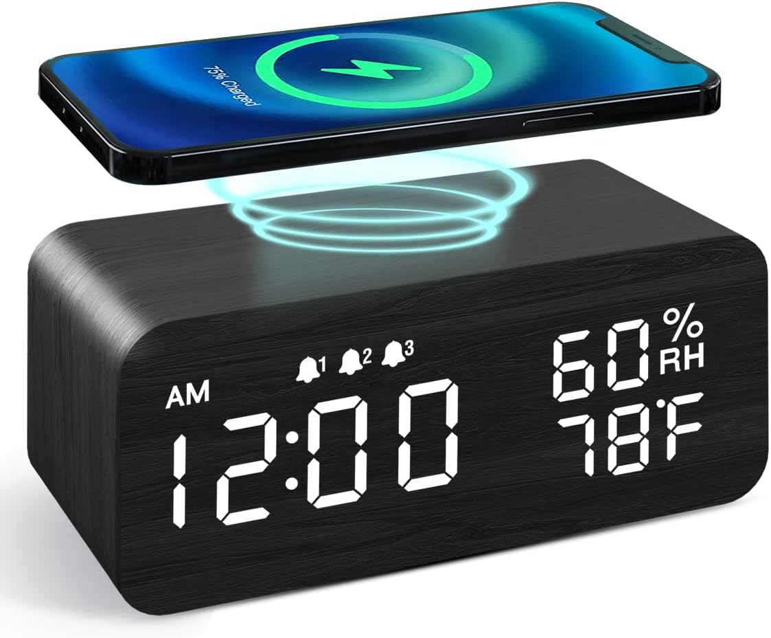 JALL Wooden Digital Alarm Clock with Wireless Charging, Dimmable, Adjustable Volume, 3 Alarms, Weekday/Weekend Mode, Snooze, Digital Clock for Bedroom, Bedside, Office (Black)