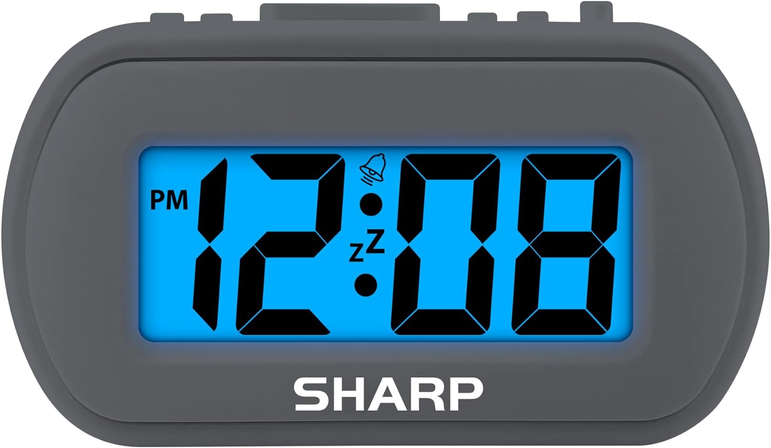 SHARP Digital Alarm Clock  Tactile Case with Soft Rubberized Finish - Battery Operated  Blue Backlight on Demand  Ascending Alarm  Easy to Use  Charcoal Black