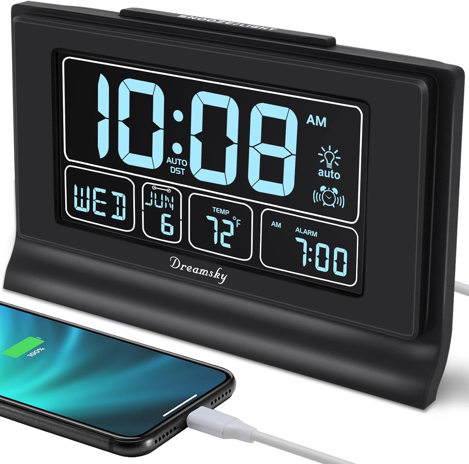 DreamSky Alarm Clocks for Bedrooms with Battery Backup, Auto Set Digital Clock with Date and Day of Week, Temperature, USB Port, Auto DST, Dimmer, 12/24H