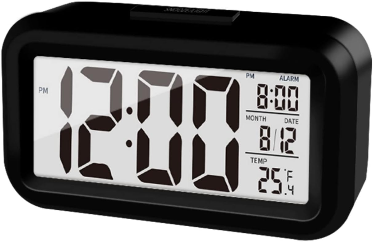 Upgraded Digital Alarm Clock, 4.3 LED Display with Temperature Larger Lound Light Control Portable Snooze Calendar Brightness with Battery Powered Alarm Clocks Bedside for Everyone (Black)