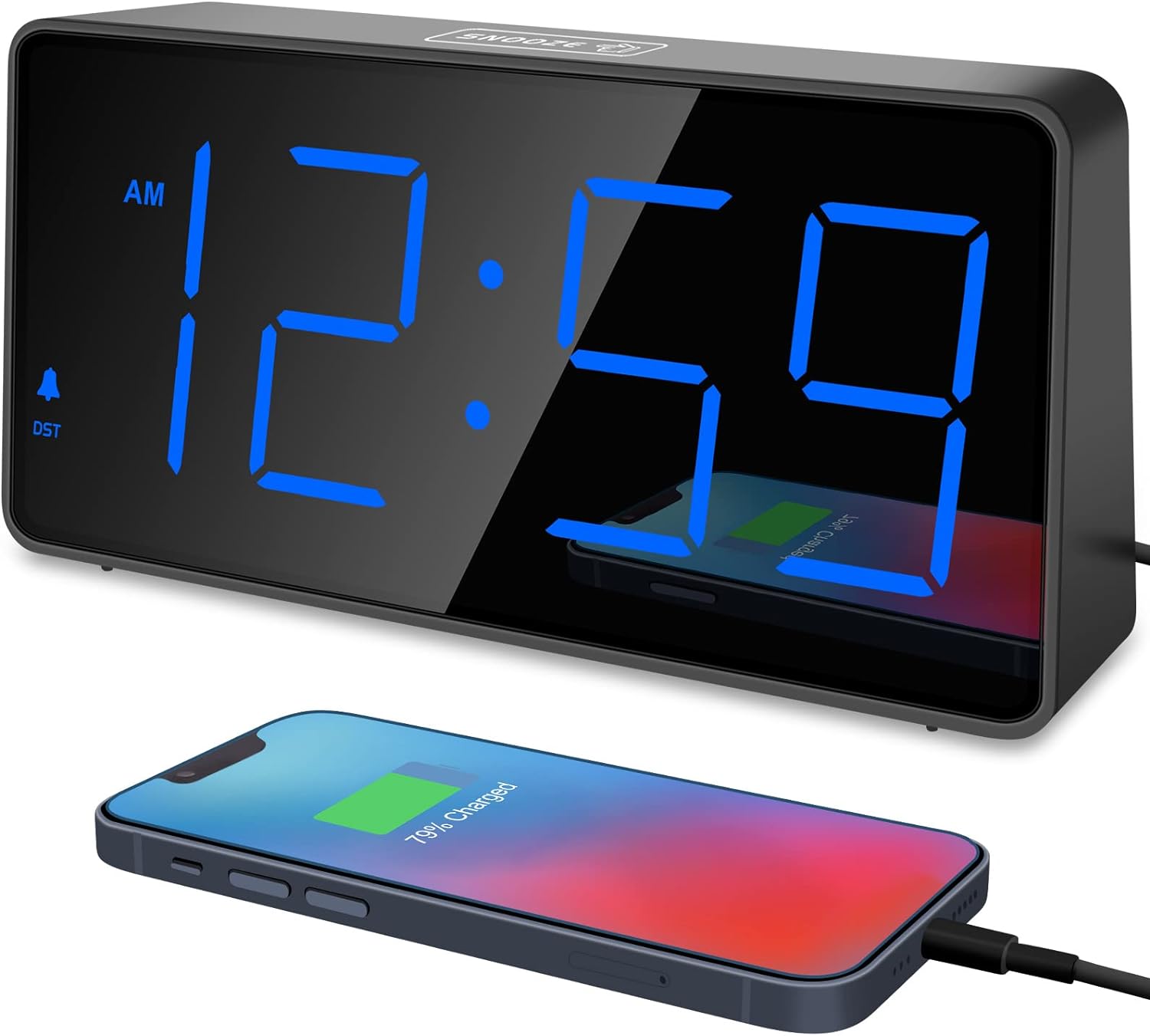 Peakeep Digital Clock, Alarm Clock for Bedrooms - Large Big Numbers 5 Dimmers for Seniors, Battery Backup Loud Alarm Clock with USB Charger Port (Blue Digit)