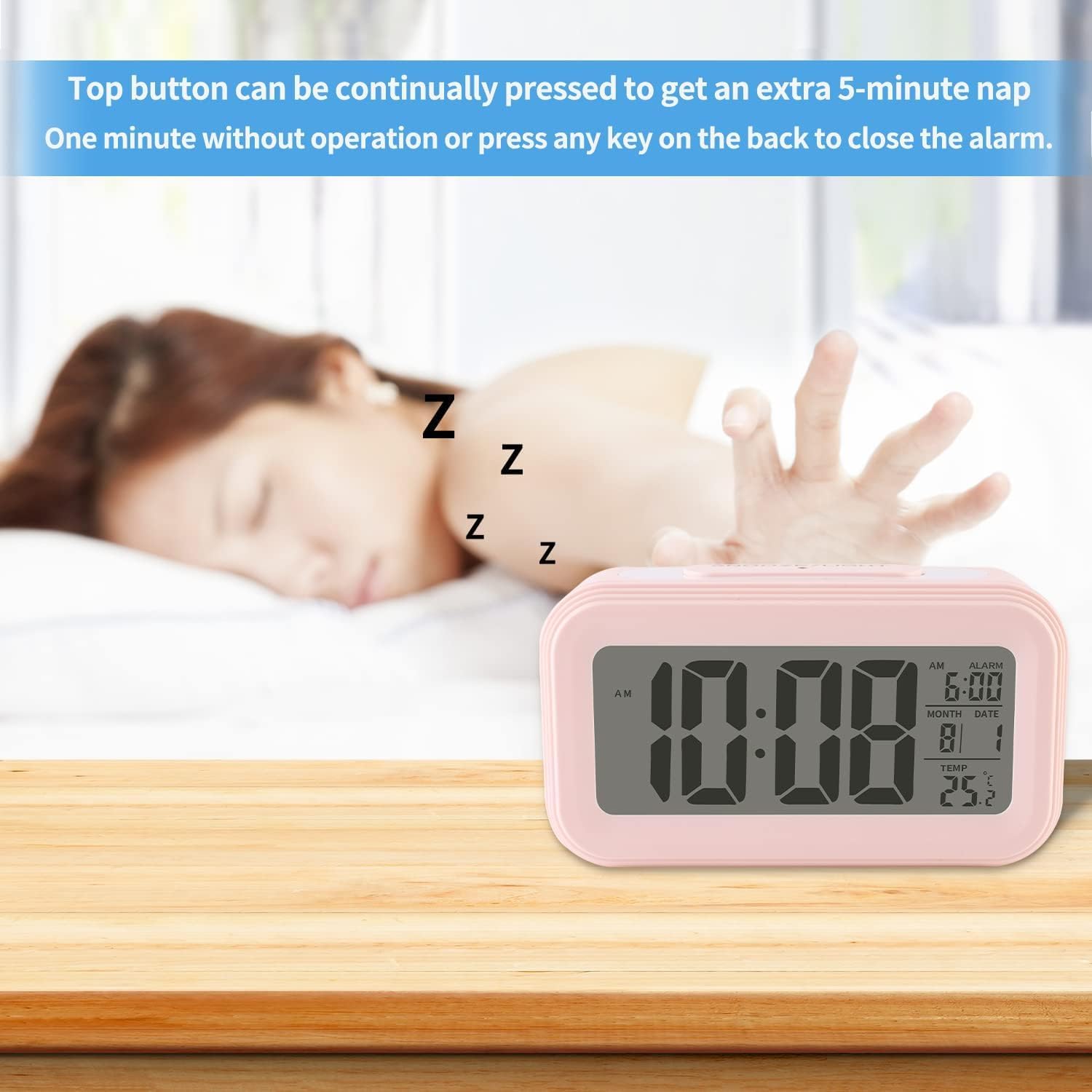 Digital Alarm Clock with Indoor Temperature, Battery Operated,Snooze Model,12/24H Display for Bedrooms Heavy Sleepers Kids Travel Bathroom Desk Smart Clock, Pink