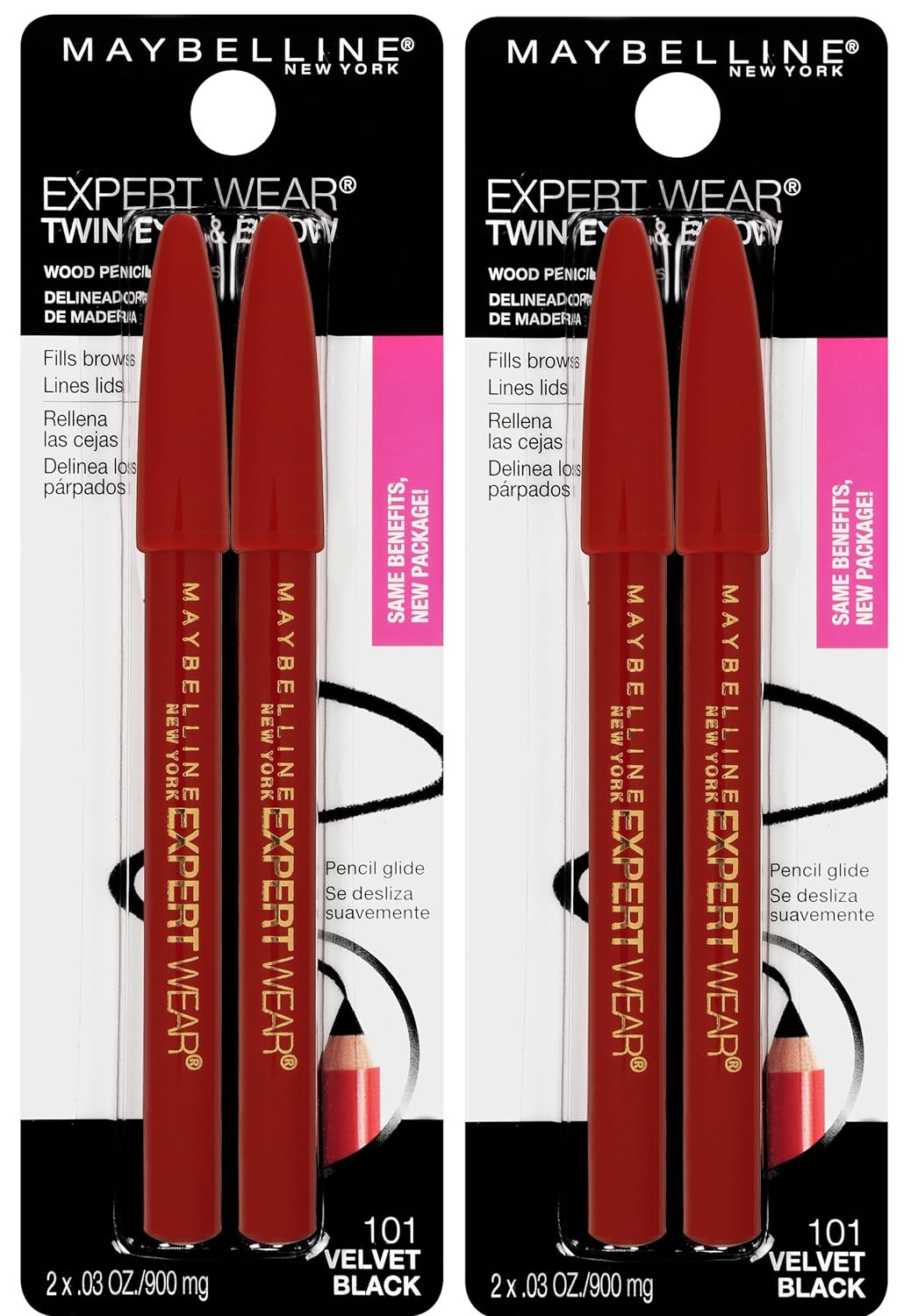 Maybelline New York Expert Wear Twin Brow & Eye Pencils Makeup, Velvet Black, 2 Count Twin (total 4 pencils ), 2 Count (Pack of 2)