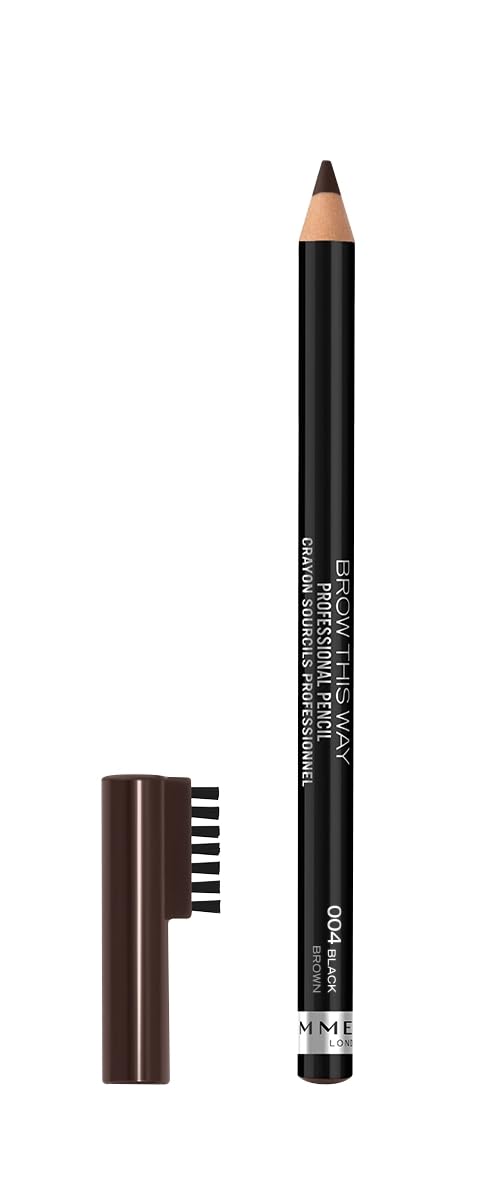 Rimmel London Brow This Way Professional Eyebrow Pencil, Long-Wearing, Highly-Pigmented, Built-In Brush, 004, Black Brown, 0.05oz