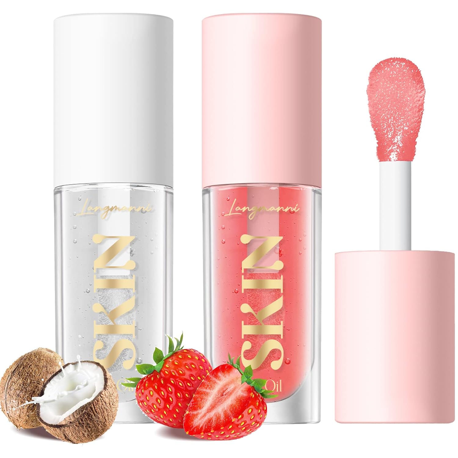 LANGMANNI Lip Oil,No-Sticky Gloss Lip Balm Lip Care,Fruit Flavoured Lip Oil For Dry Lip' Moisturizing Hydrating And Nourishing (Strawberry Coco)