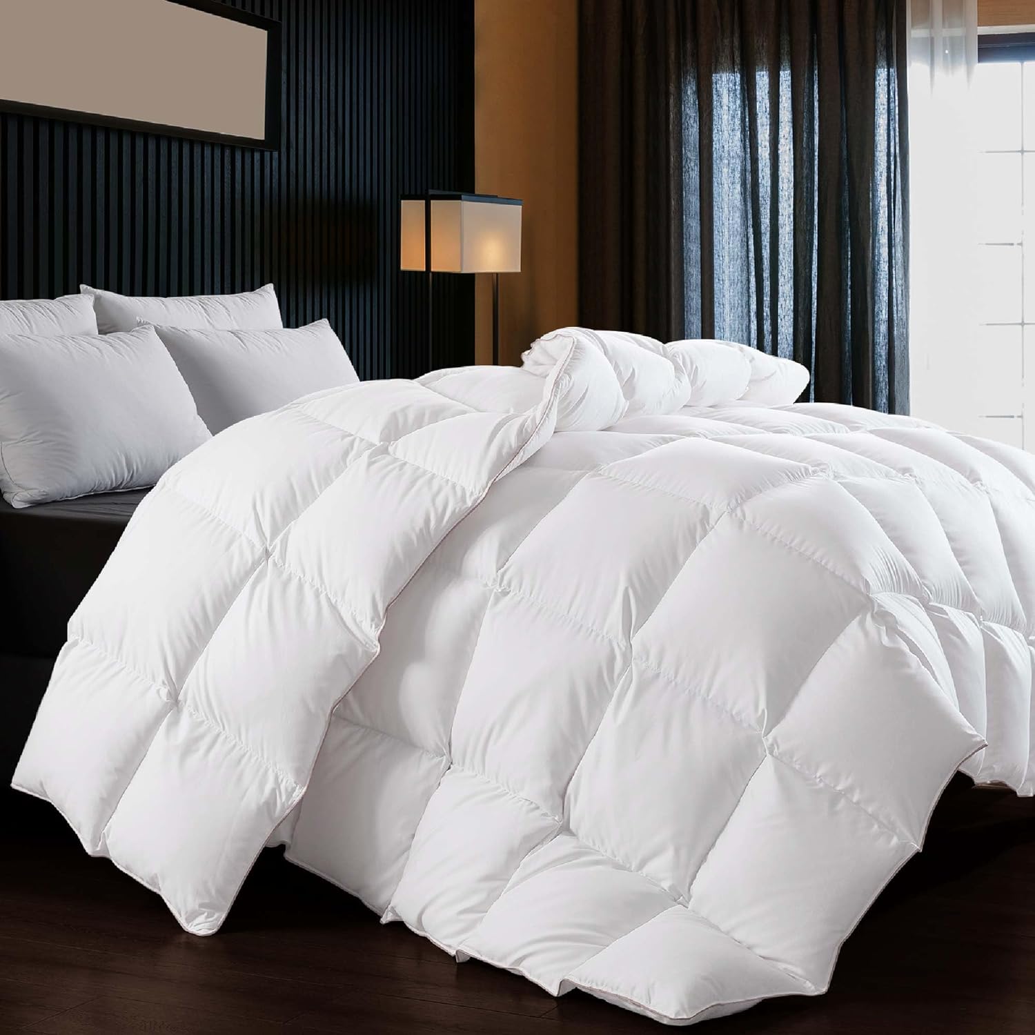 The Quality Fluffy White Goose Feather Down Comforter is super comfortable and fresh, i love going to sleep and covering with this comforter.Very fluffy, thick and soft, the quality material is just great.I've been using it like in the photo but planning on getting a duvet so I can wash the duvet more often.Love the color is just perfect, the comforter is odorless.I ordered queen and It fits my queen size bed perfectly!!The price is so worth it for this amazing comforter!