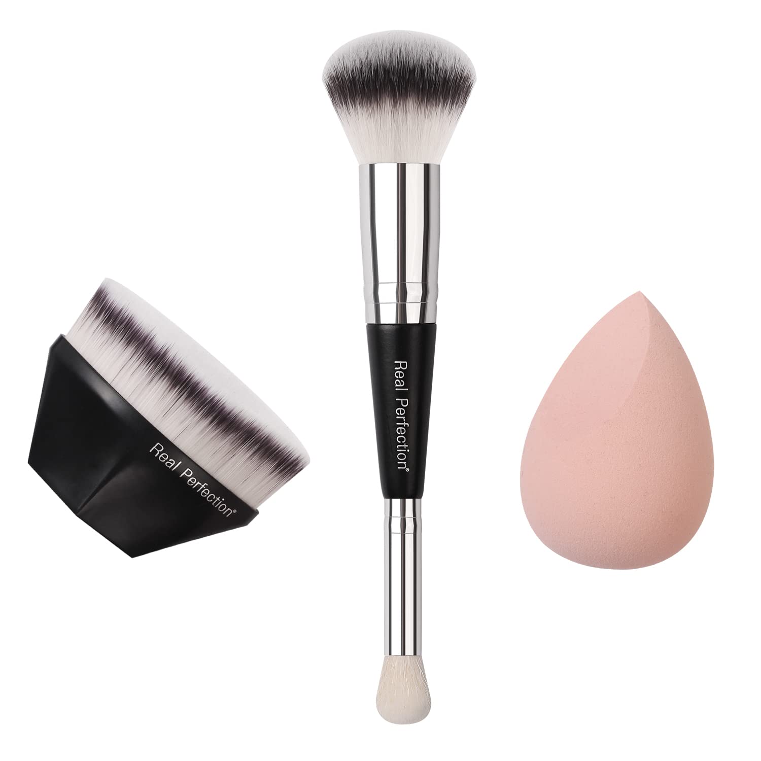 Real Perfection Makeup Brush Set - Kabuki, Blush, Concealer, Blending Brushes & Sponge for Foundation, Cream & Powder Makeup