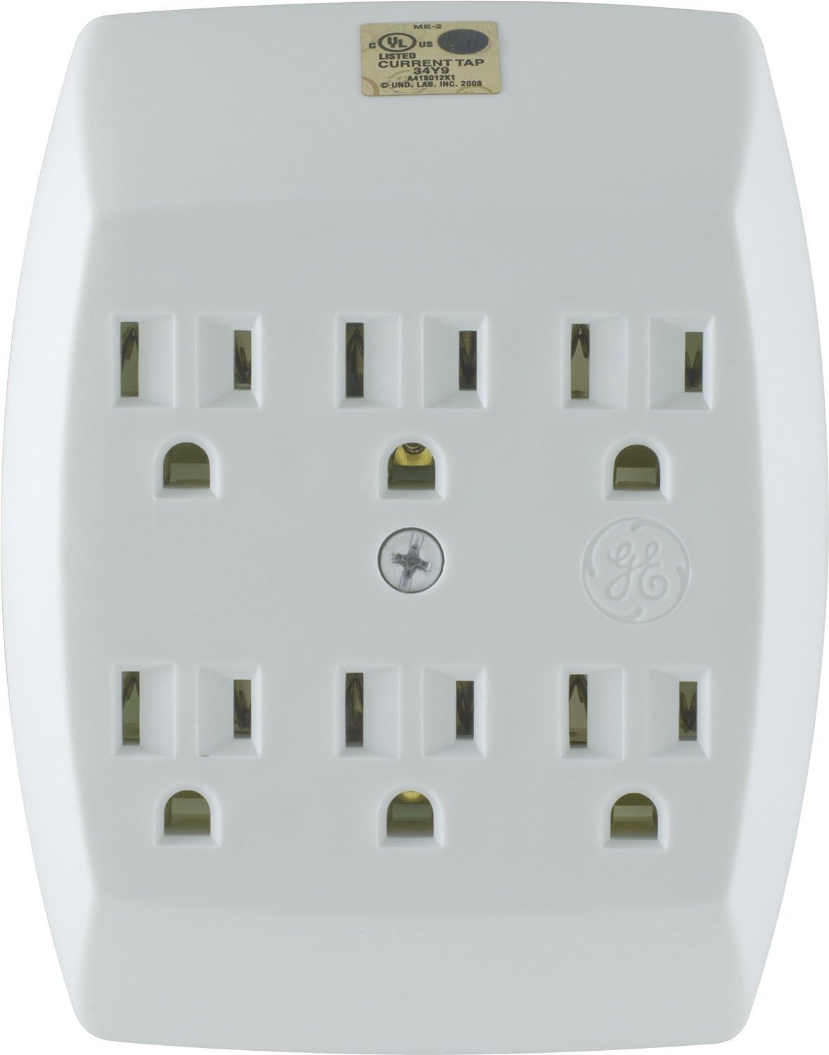 GE 6 Outlet Extender Wall Tap, Grounded Adapter, Charging Station, 3-Prong, Secure Install, Cruise Essentials, ETL Listed, White, 54947