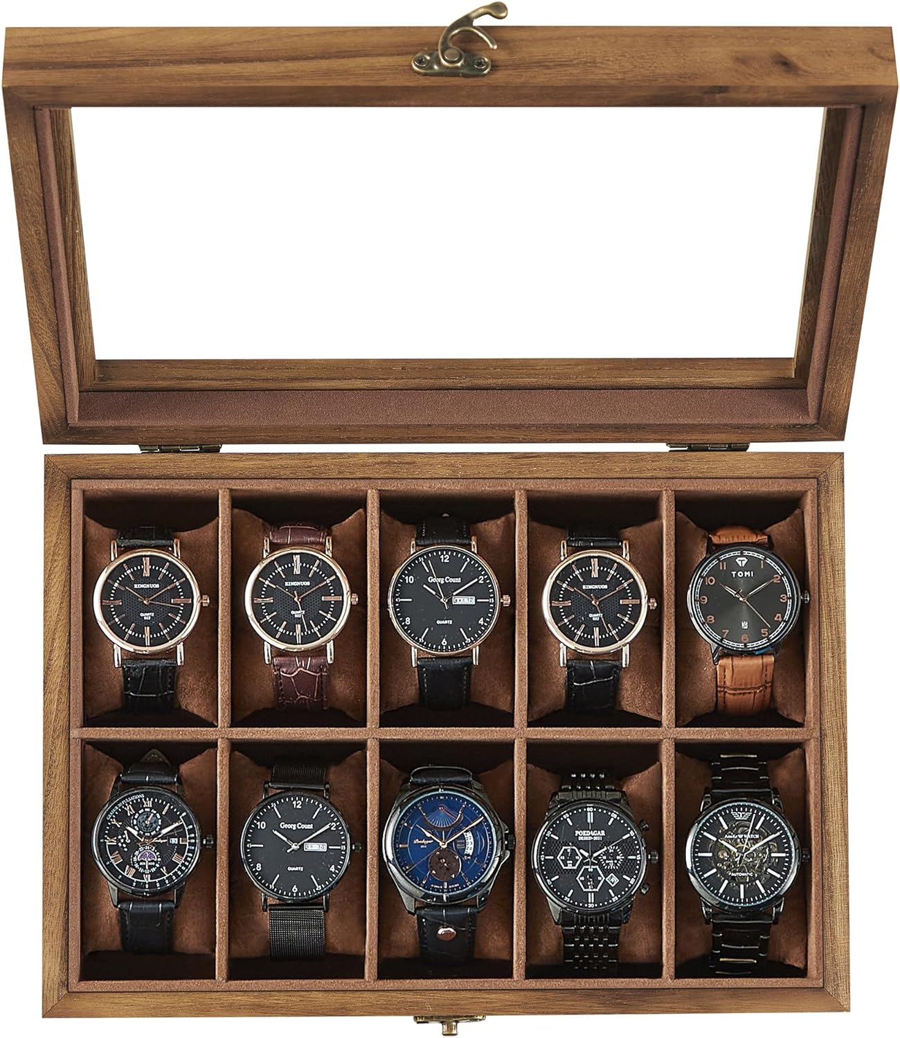 SONGMICS Watch Box, 10-Slot Watch Case, Solid Wood Watch Box Organizer with Large Glass Lid, Watch Display Case with Removable Pillows, Gift for Loved Ones, Rustic Walnut UJOW100K01