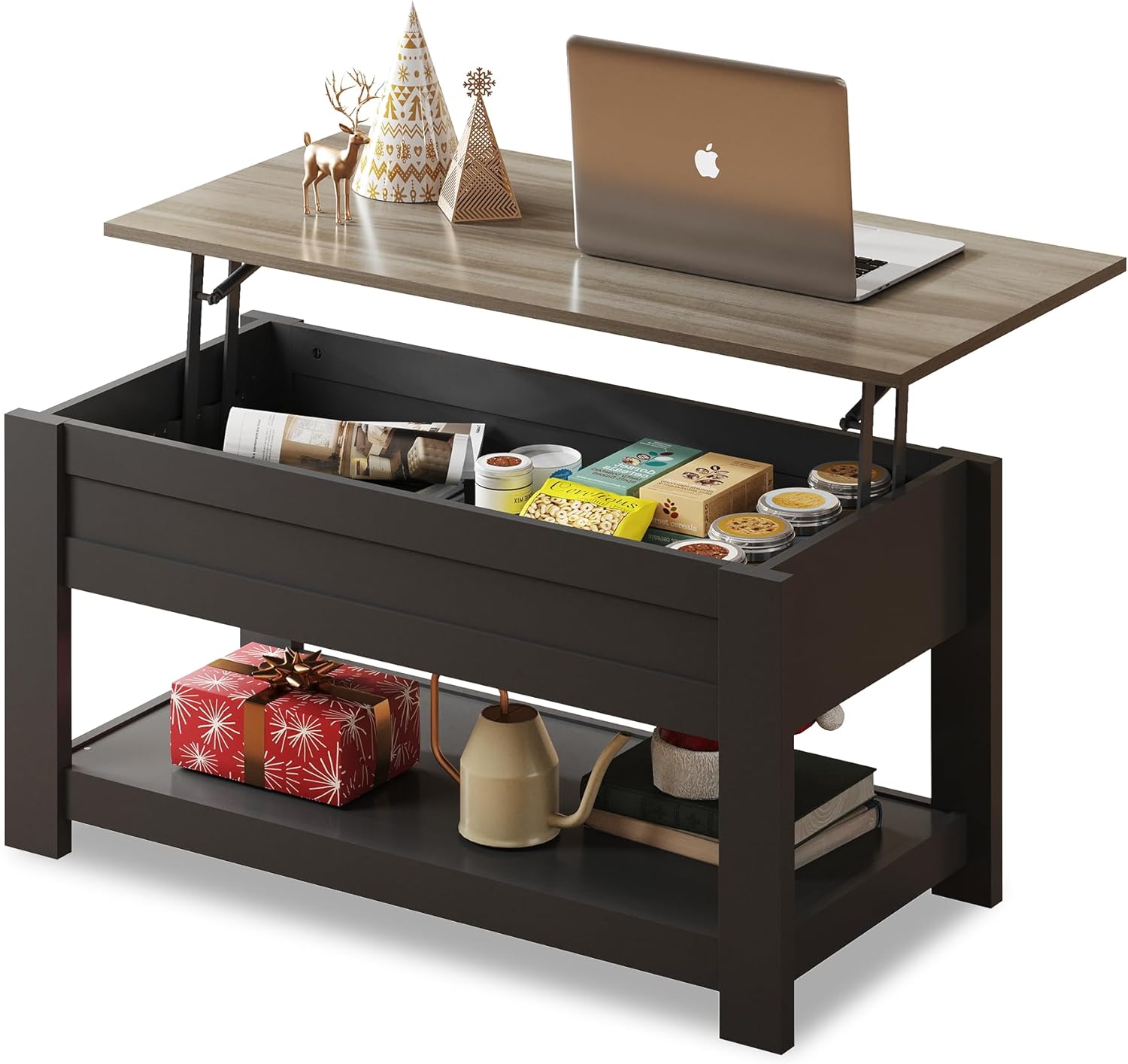 WLIVE Modern Rustic Coffee Table with Storage Shelf and Hidden Compartment,Wood Lift Tabletop for Home Living Room,Black,Greige.