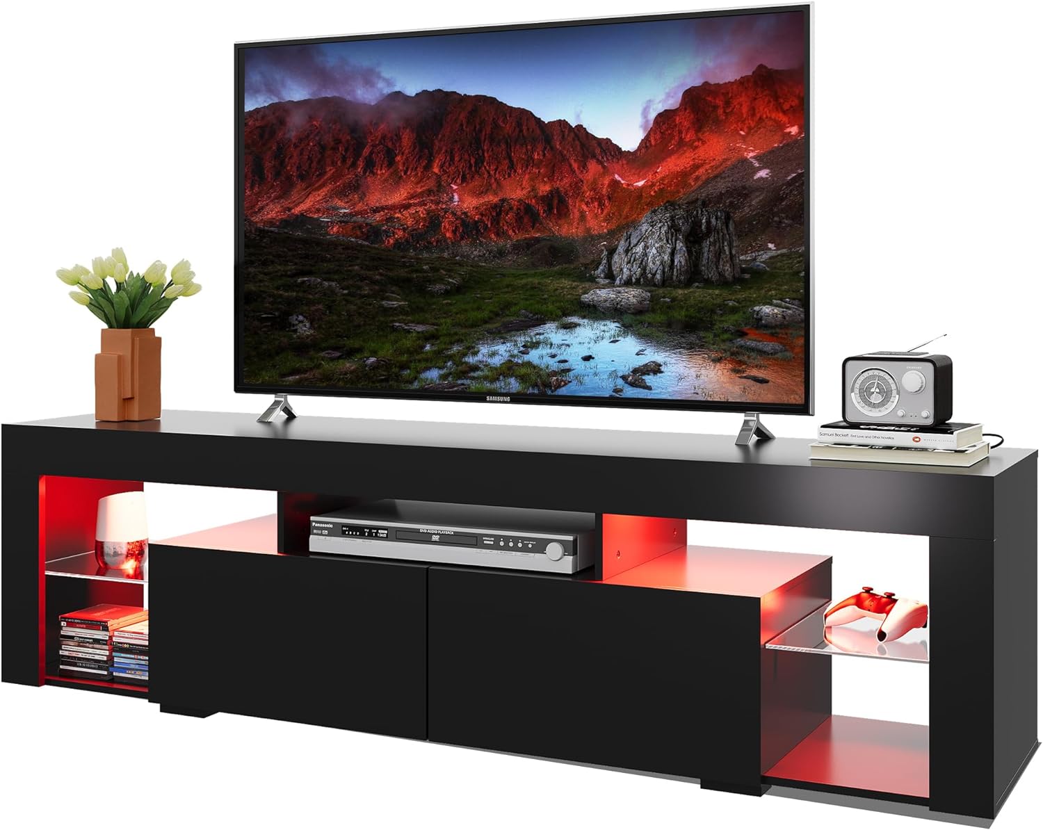 WLIVE 63 in TV Stand for 55/60/65/70 Inch TVs, Modern Entertainment Center with Open Shelves, Wood TV Console with 2 Storage Drawers, Black