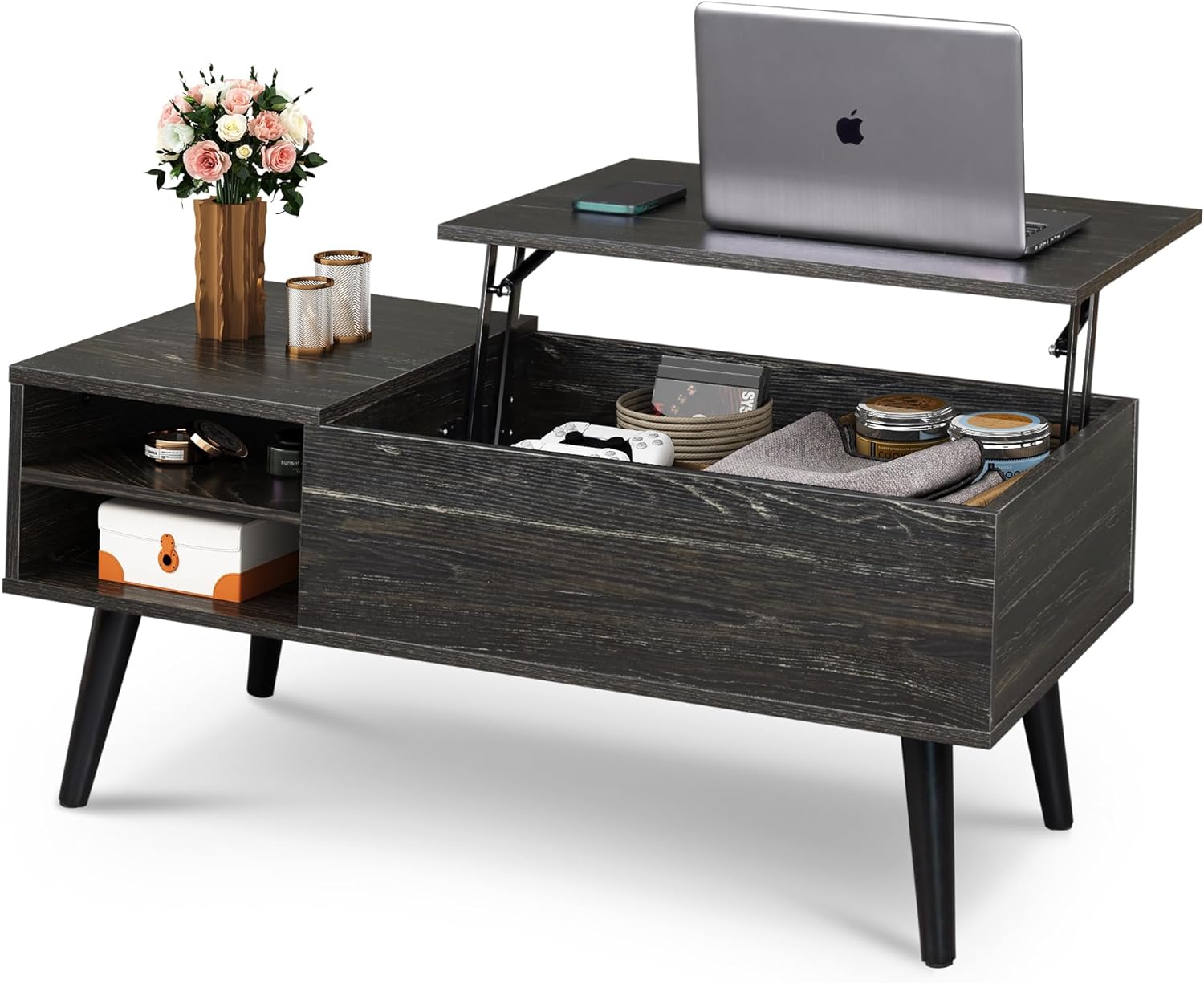 WLIVE Wood Lift Top Coffee Table with Hidden Compartment and Adjustable Storage Shelf, Lift Tabletop Dining Table for Home Living Room, Office, Charcoal Black