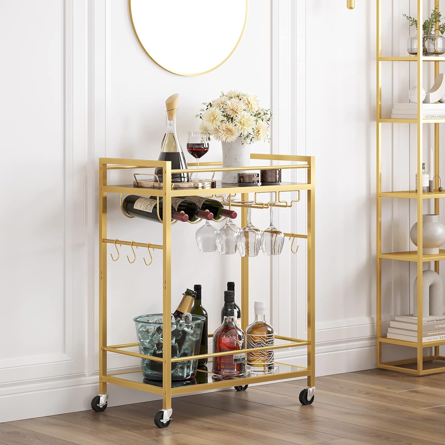 I got this bar cart to add it to mydecoration. It arrived just in time. It was really easy to assemble and the materials looks of good quality. Everything is perfect. It looks so good.