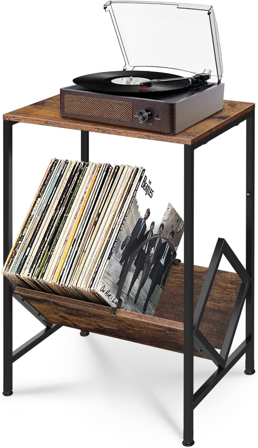 Record Player Stand Table with Album Storage, Record Player Shelf Cabinet Holder Up to 80 Lp, Metal &Wood Vinyl Record Display Desk ,Small Side End Table for Most Turntables
