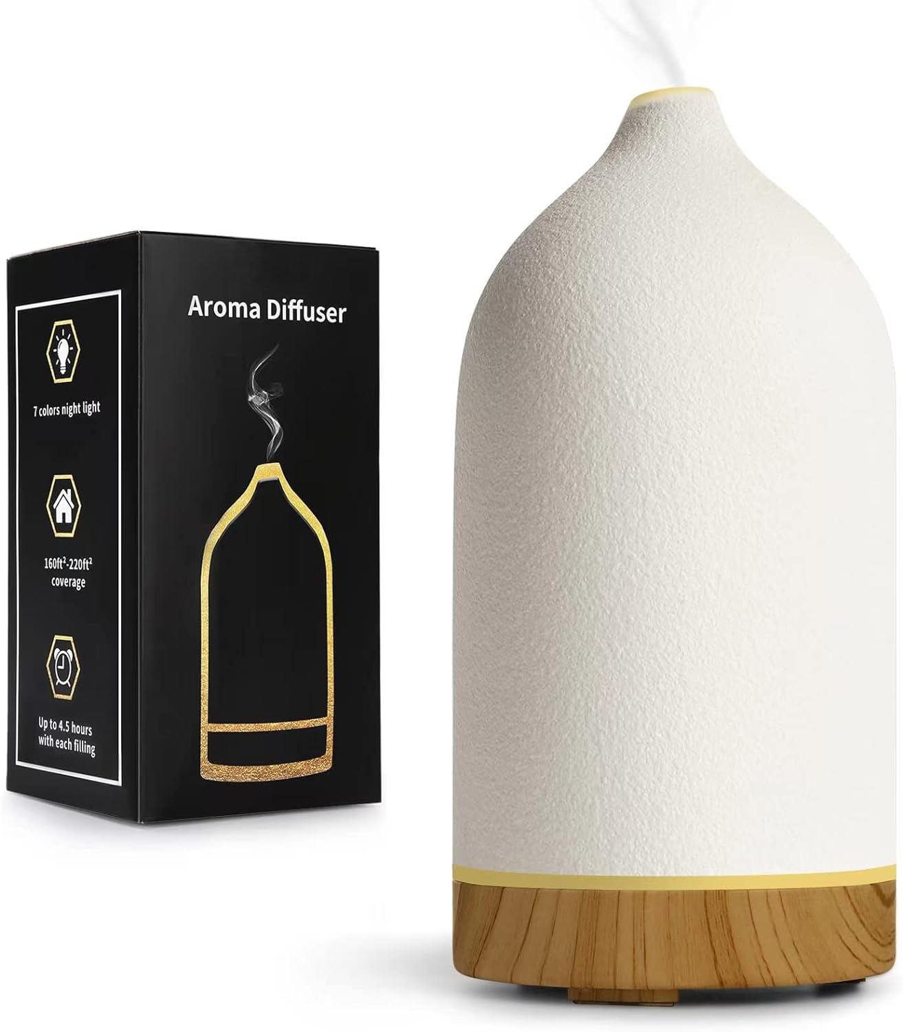 This diffuser is so cute. The cover is like a textured ceramic. This one is smaller and works great if you dont have much space. Runs for about 3 hours and will shut off automatically when it runs out of water. Changes colors and can set different run times.
