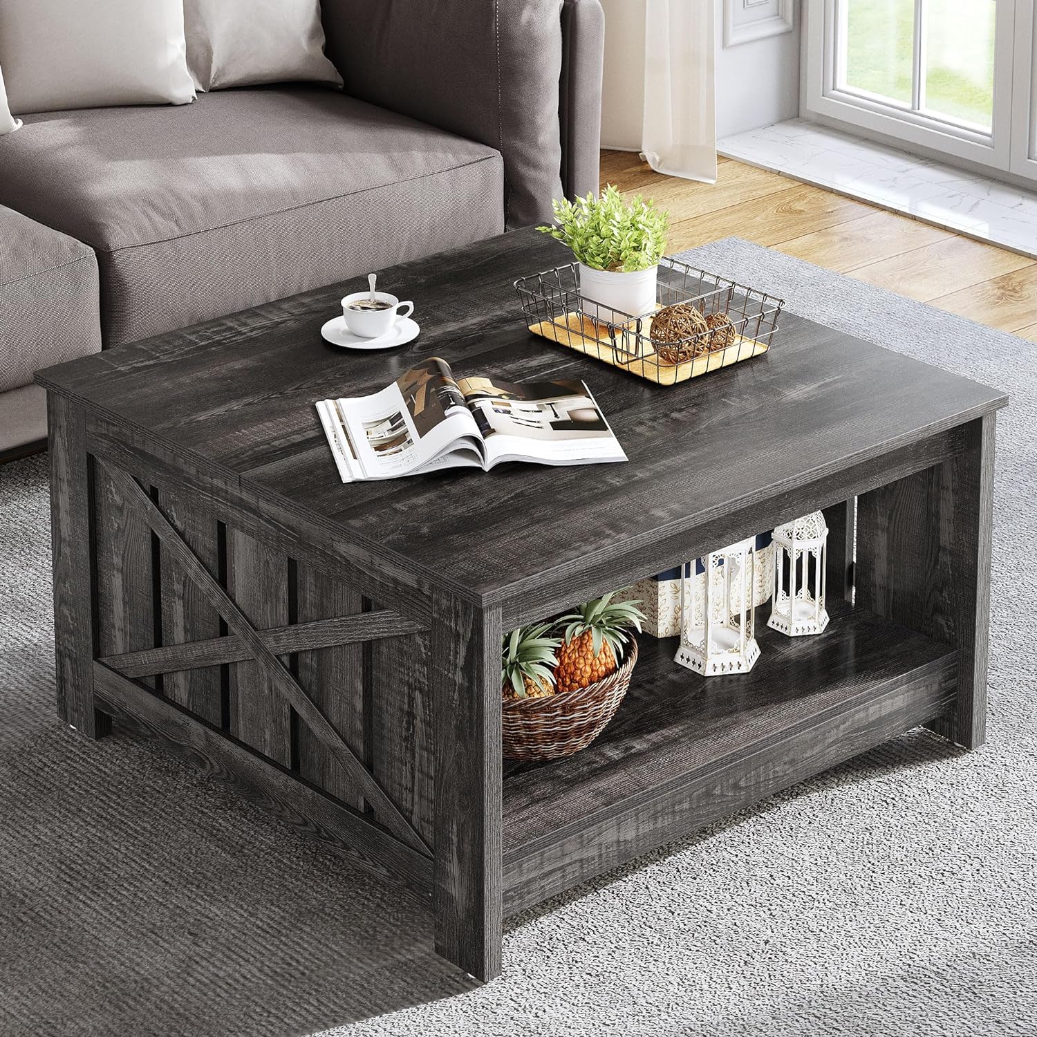 I couldnt be happier with my purchase of the rustic farmhouse coffee table! This charming piece has brought an enchanting touch to my living room, transforming it into a cozy haven.First and foremost, the craftsmanship is impeccable. The solid wood construction exudes durability and authenticity, making it a true standout in any rustic-inspired decor. The distressed finish adds character and tells a story of its own, bringing that sought-after vintage charm right into my home.The design is both