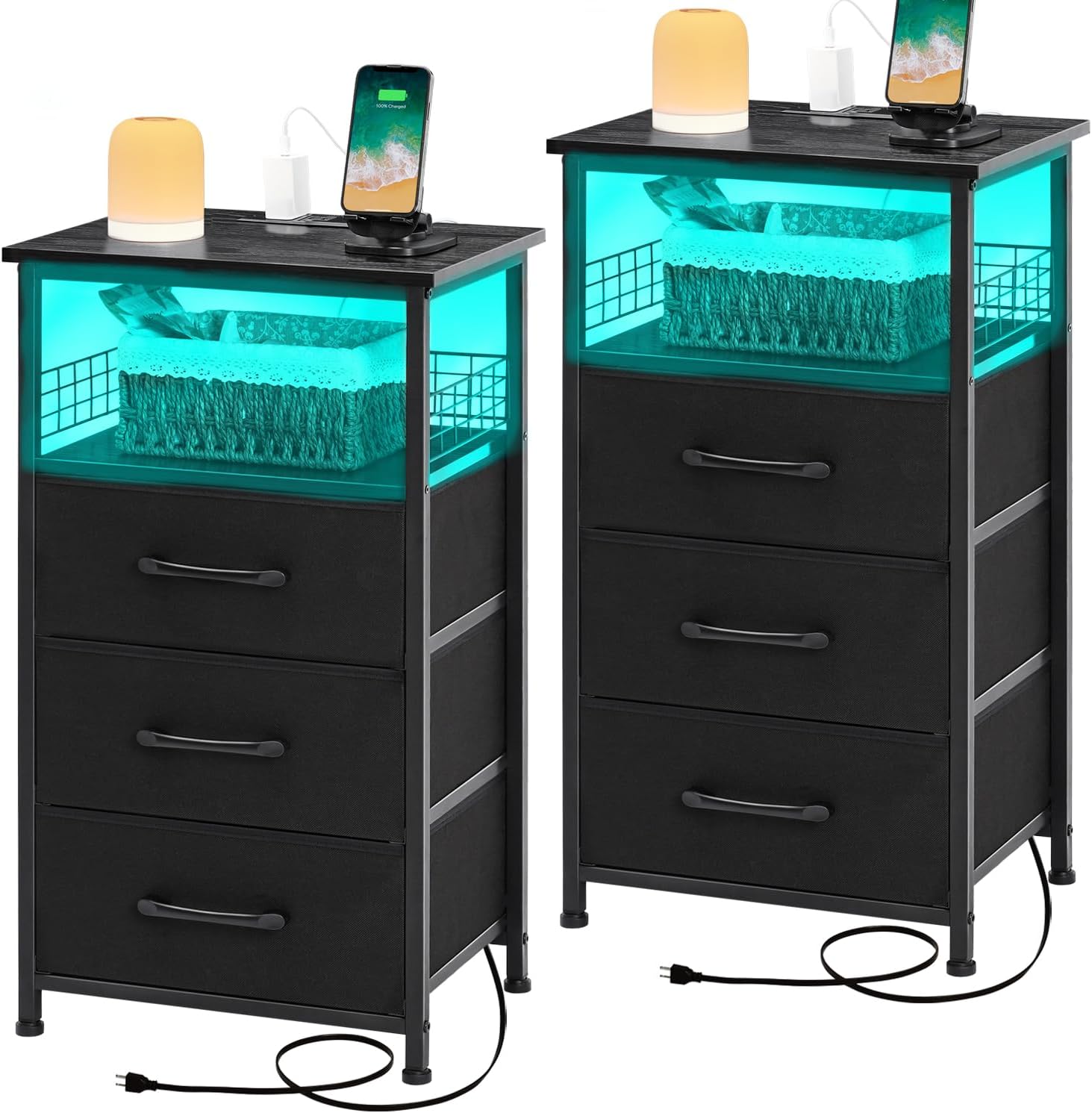 Tall Nightstand with Charging Station, Nightstands Set of 2 with 20 Colors LED Light Strip 3 Drawers, Side Tables Bedroom End Table with USB Ports and Outlets for Living Room, Office (Black)