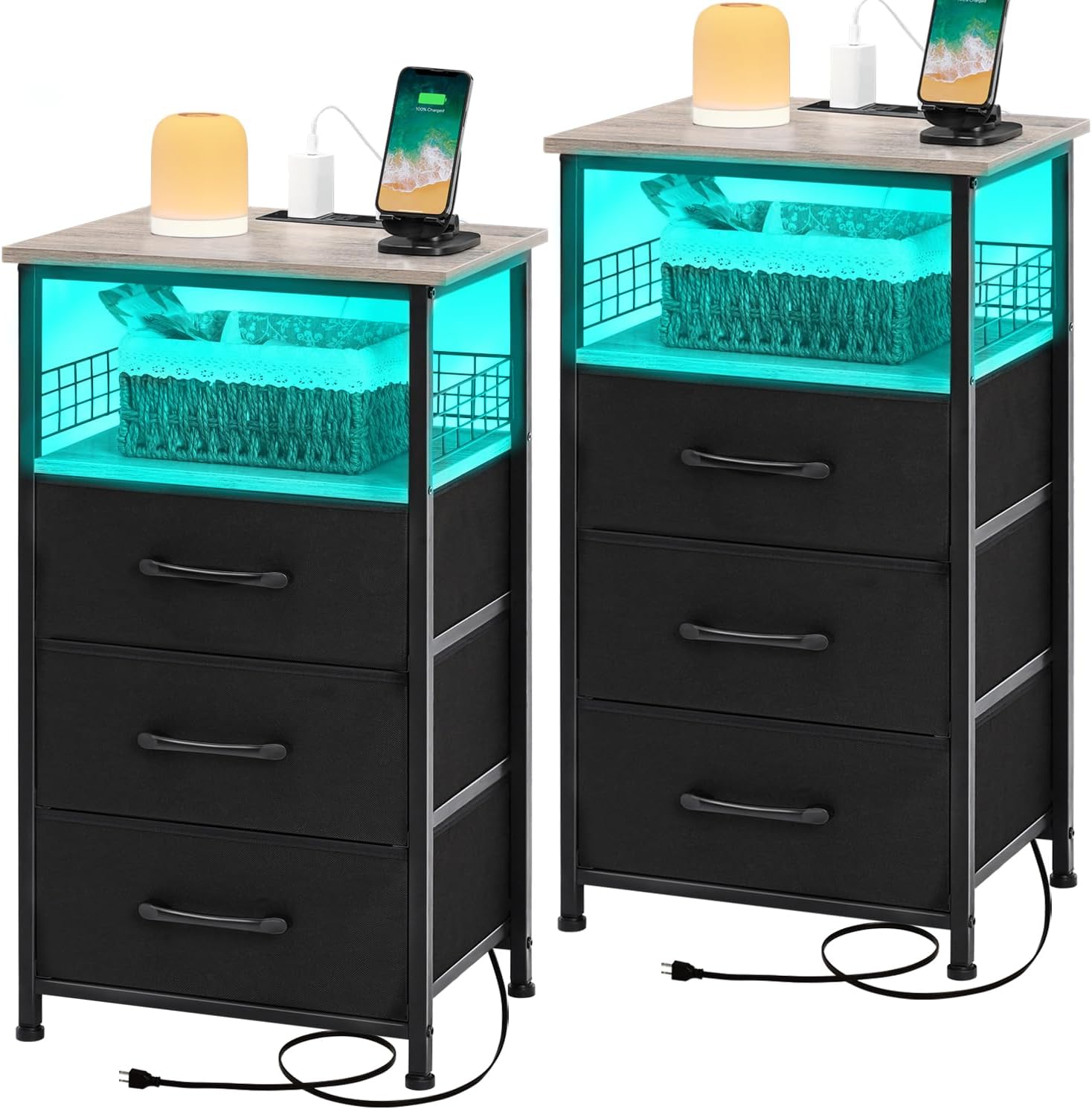 Tall Nightstand with Charging Station, Nightstands Set of 2 with 20 Colors LED Light Strip 3 Drawers, Side Tables Bedroom End Table with USB Ports and Outlets for Living Room, Office (Grey)