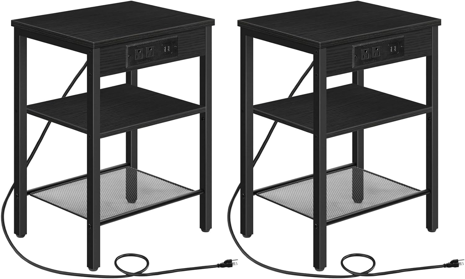 End Table Set of 2 with Charging Station and USB Ports, 3-Tier Nightstands with Adjustable Shelf, Narrow Side Table for Small Space in Living Room, Bedroom and Balcony, Black BB112BZP201