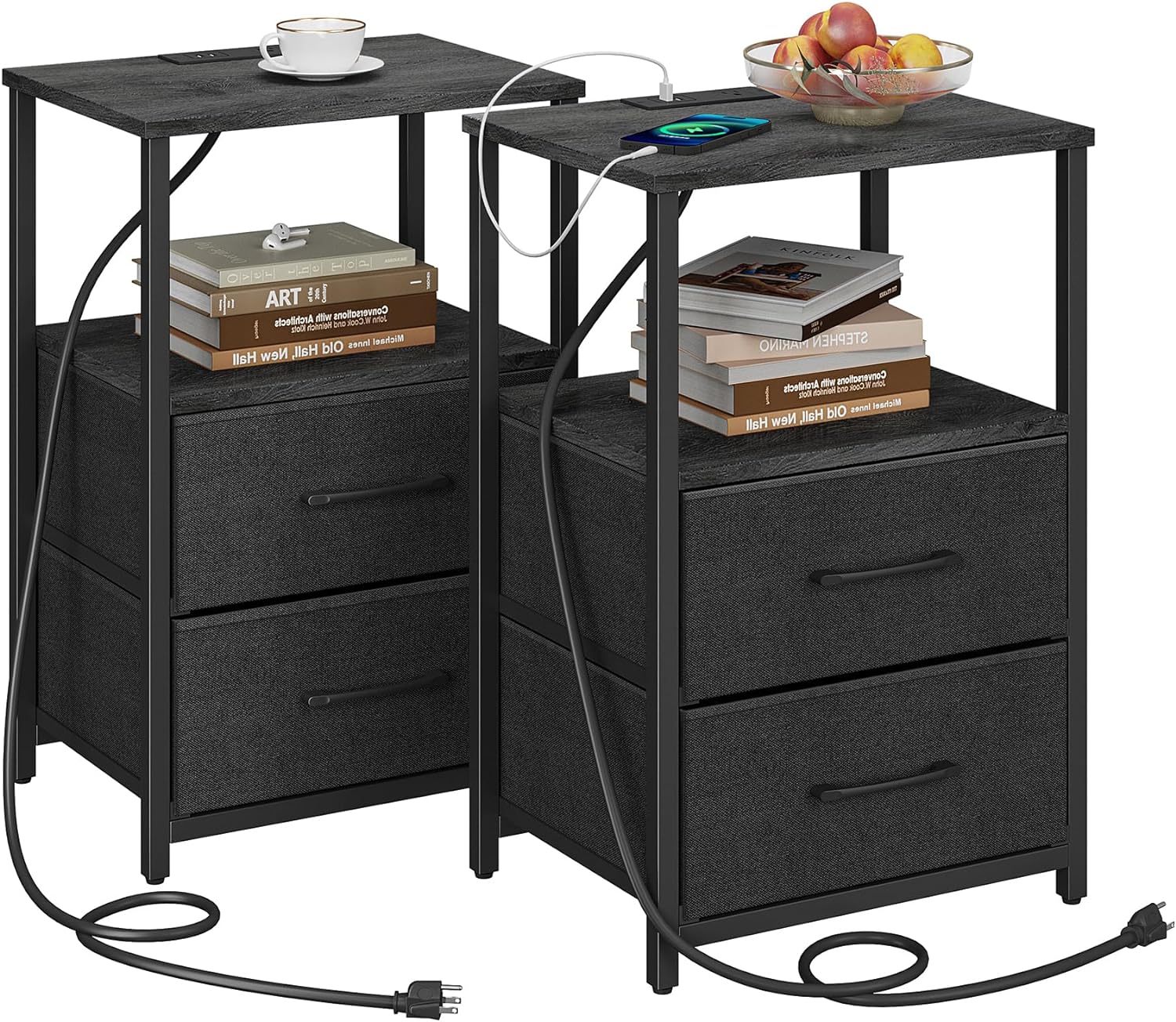 TUTOTAK End Table with Charging Station, Side Table with 2 USB Ports and Outlets, Nightstand with Cloth Drawer, Set of 2, Couch Table, Charcoal Grey TB01BY052