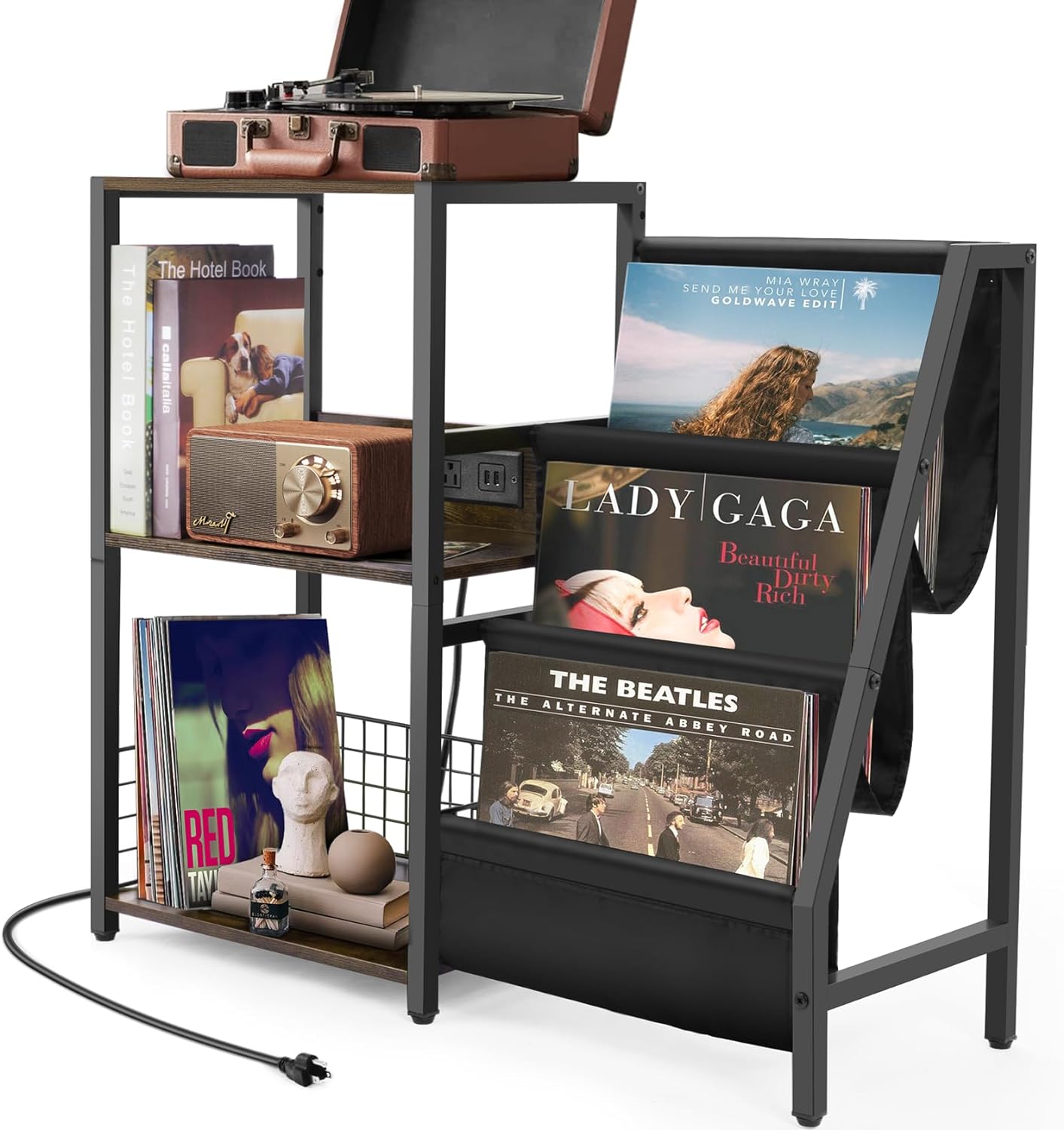 Record Player Stand with Charging Station-USB Ports and Outlets,Record Player Table Up to 200 Albums,3-Tier Vinyl Record Storage Cabinet with Metal Frame,Vinyl Record Holder (Original Brown)