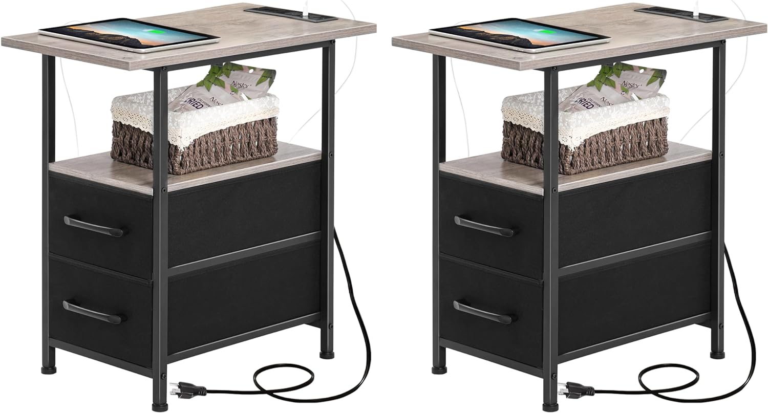 End Table Living Room with Charging Station, Set of 2 Narrow Side Tables with LED Lights, Night Stand Small Bedside Tables with Drawers and USB C Port, for Small Spaces, Bedroom, Grey
