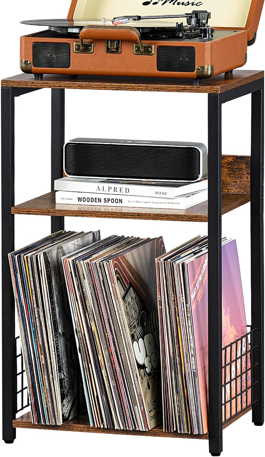 3 Tier End Table,Record Player Stand with Storage Up to 100 Albums,Turntable Stand for Vinyl,Brown Records Shelf for Living Room Bedroom