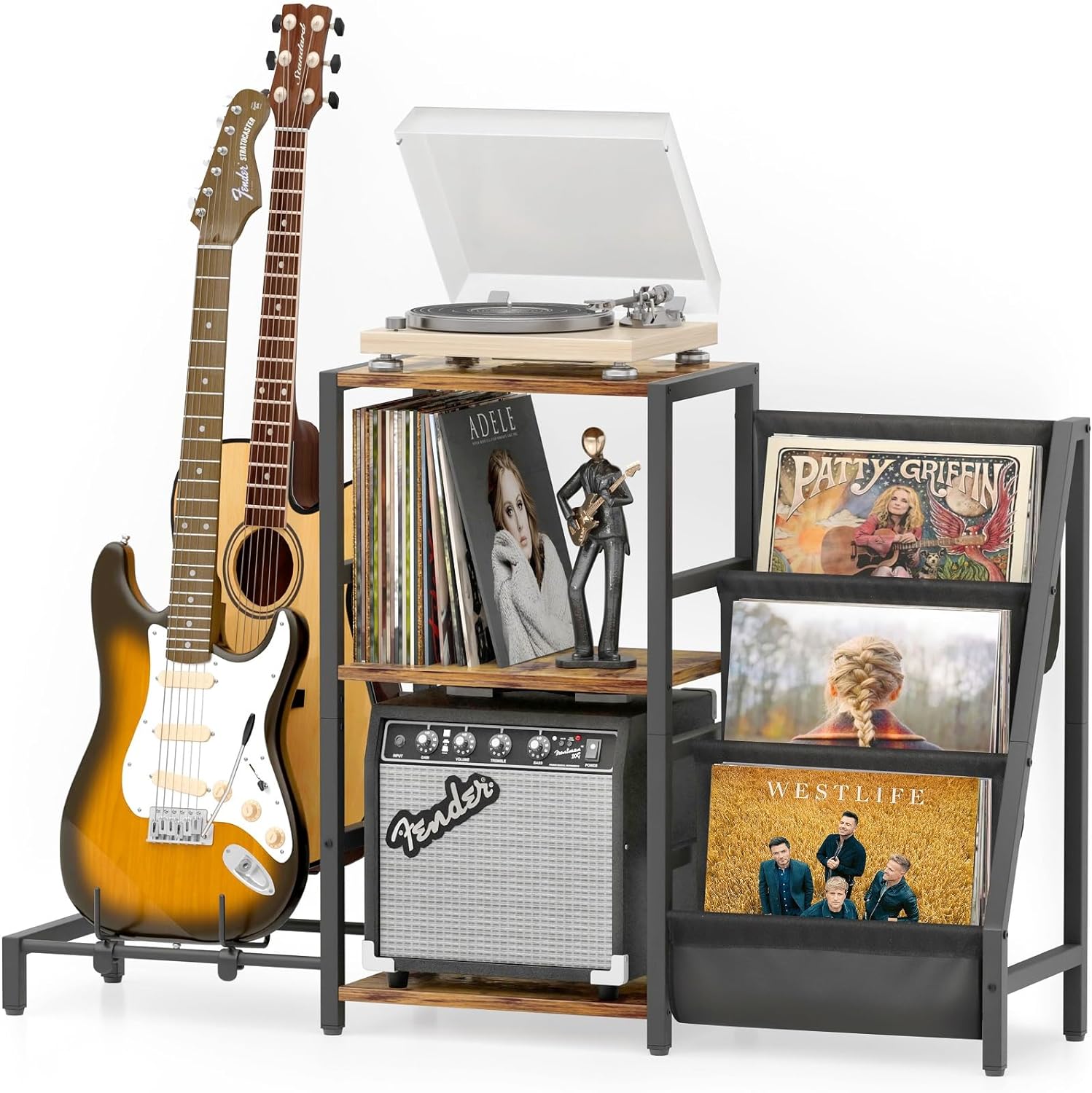 My daughter has a guitar and a couple ukuleles and several records and a record player. This product is the perfect size and holds everything perfectly in one little area. It keeps all of her music items together and looks great. It was also very easy to put together.