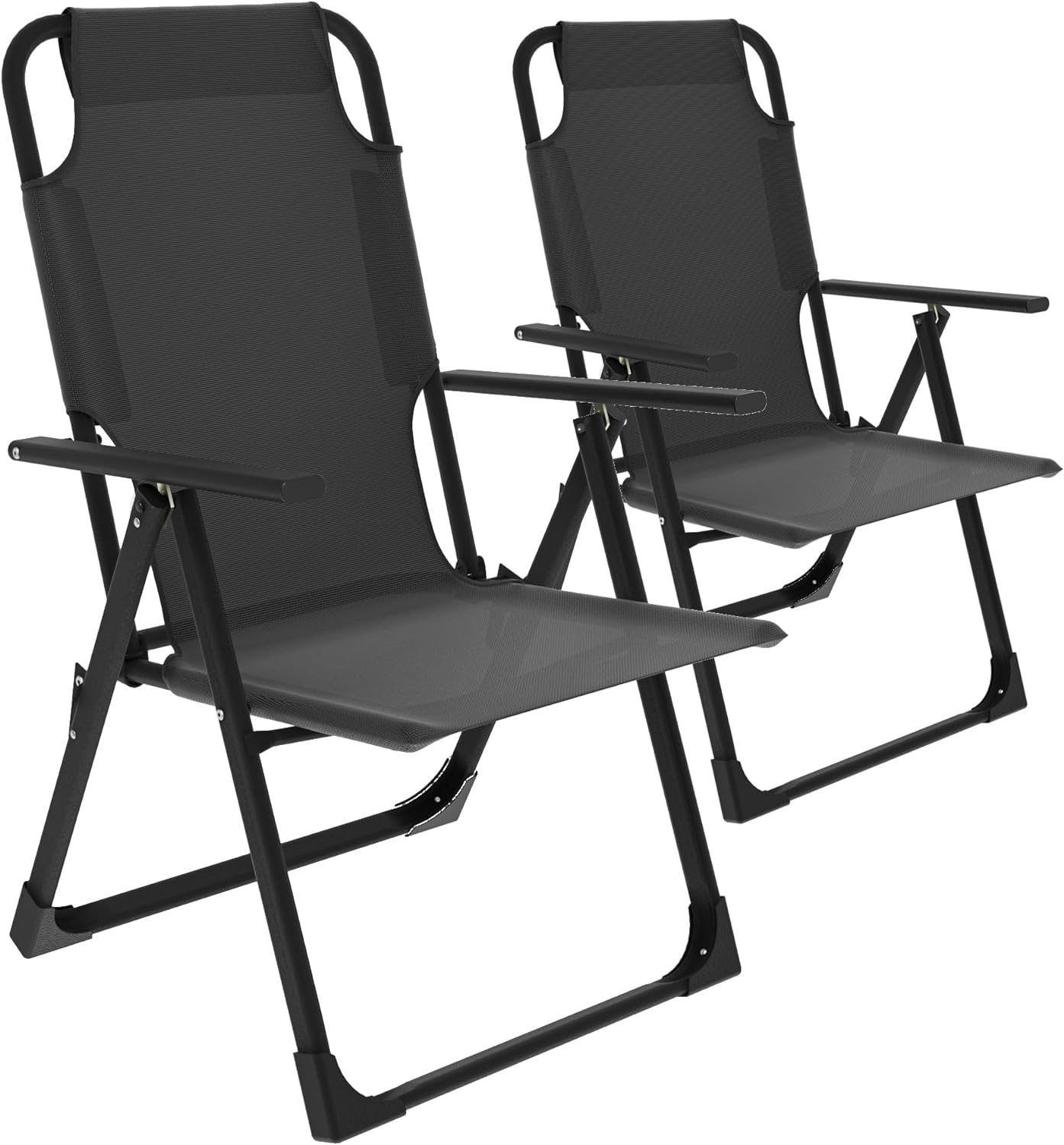 These are sturdy and comfortable. I was looking especially for thick metal bars for the supports, and these are strong and wont bend/break. The back come up high, which is wonderful for my tall husband and son. The reclining feature is a bonus - not something I was looking for but I am glad these chairs have it. Great value.