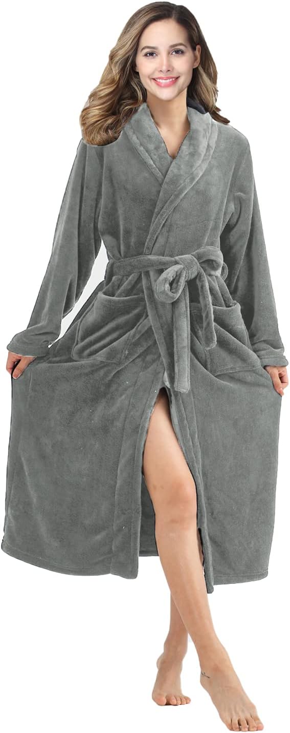 RONGTAI Womens Bathrobe Ladies Fleece Plush Warm Long Robes Fleece Nightgown Sleepwear