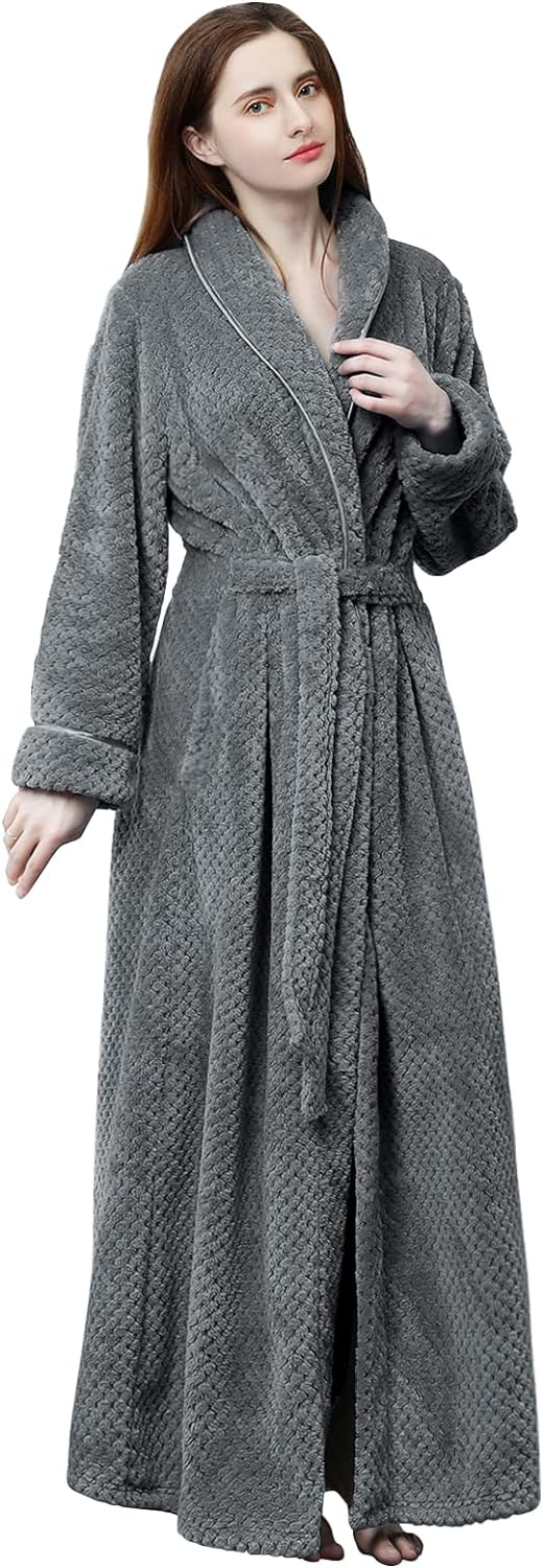 Hellomamma Womens Long Robe Soft Warm Fleece Plush Bathrobe Ladies Sleepwear Pajamas Housecoat Nightgown