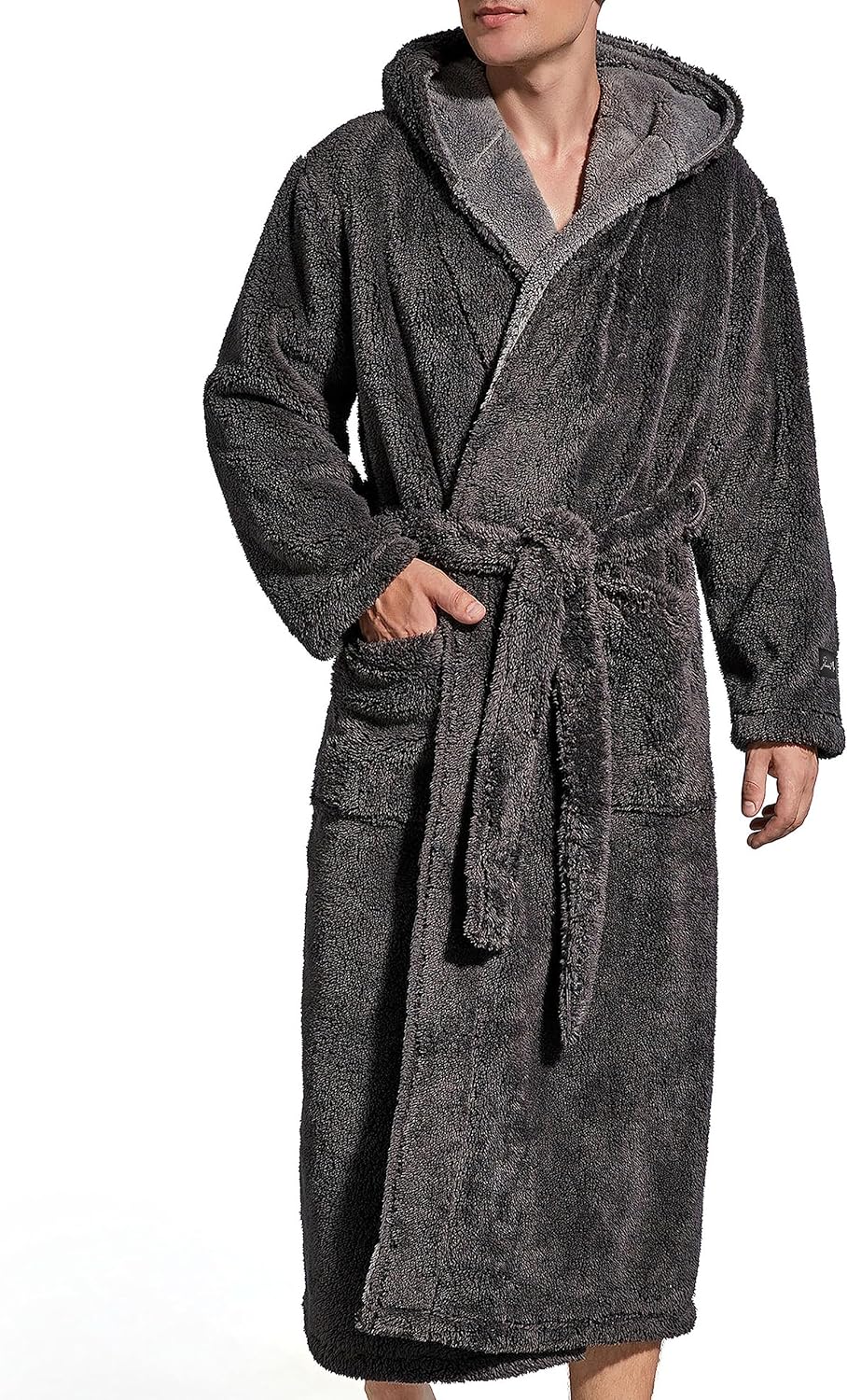 Mens Fleece Plush Robe with Hood Ultra Soft Fluffy Full Length Long with Pockets Luxurious House Coat