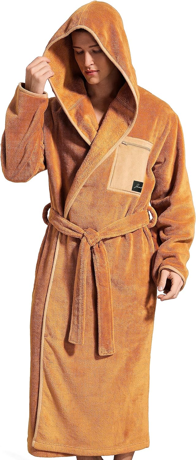 Mens Fleece Plush Robe with Hood Ultra Soft Fluffy Full Length Long with Pockets Luxurious House Coat