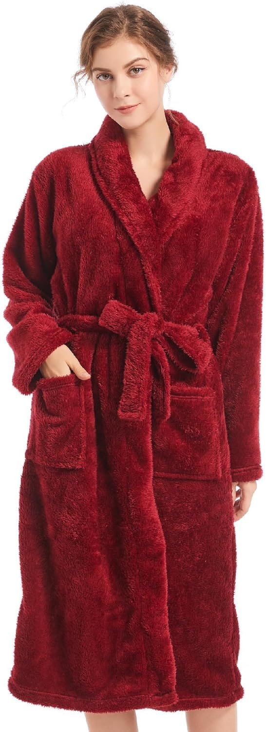 Womens Plush Fleece Robe, Cozy Warm Bathrobe Fuzzy Female Spa Robe With Pockets