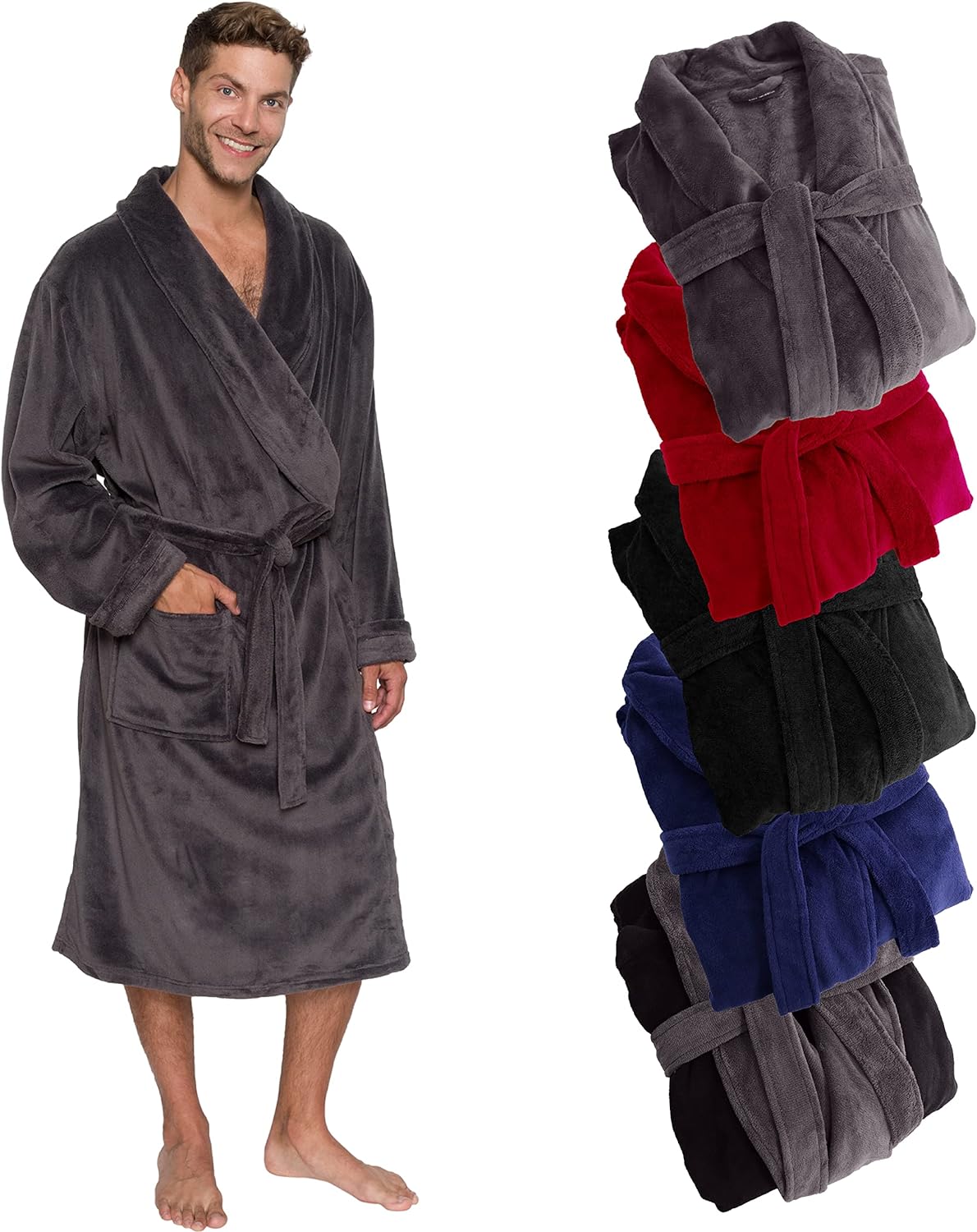 Ross Michaels Mens Robe Shawl Collar Wrap Style - Mid Length Plush Fleece Bathrobe