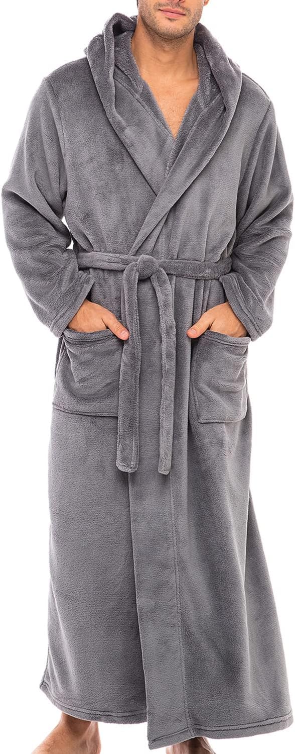 Alexander Del Rossa Men' Soft Plush Fleece Hooded Bathrobe, Full Length Long Warm Lounge Robe with Hood