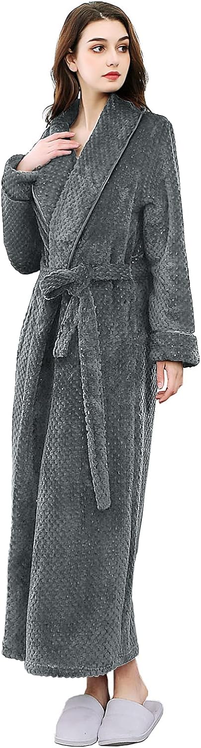 Womens Robe Long Fleece Bathrobe Warm Waist Belt Super Soft Spa Plush Full Length Bath Robe with Shawl Collar Pockets