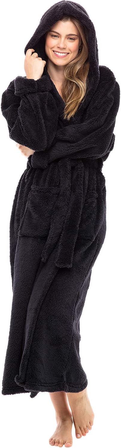 Alexander Del Rossa Women' Fuzzy Plush Fleece Bathrobe with Hood, Soft Warm Hooded Lounge Robe